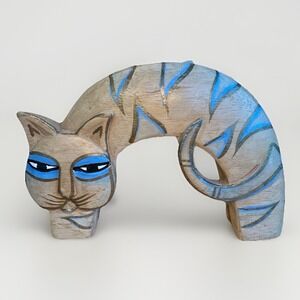 Laurel Burch Hand Carved Arched Wooden Cat Statue Figurine Gold Blue Stripes
